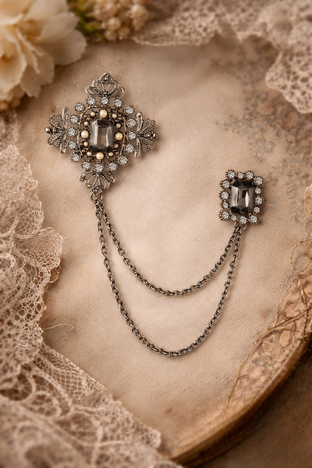 Regal Crown Dual-Pin Chain Lapel Brooch