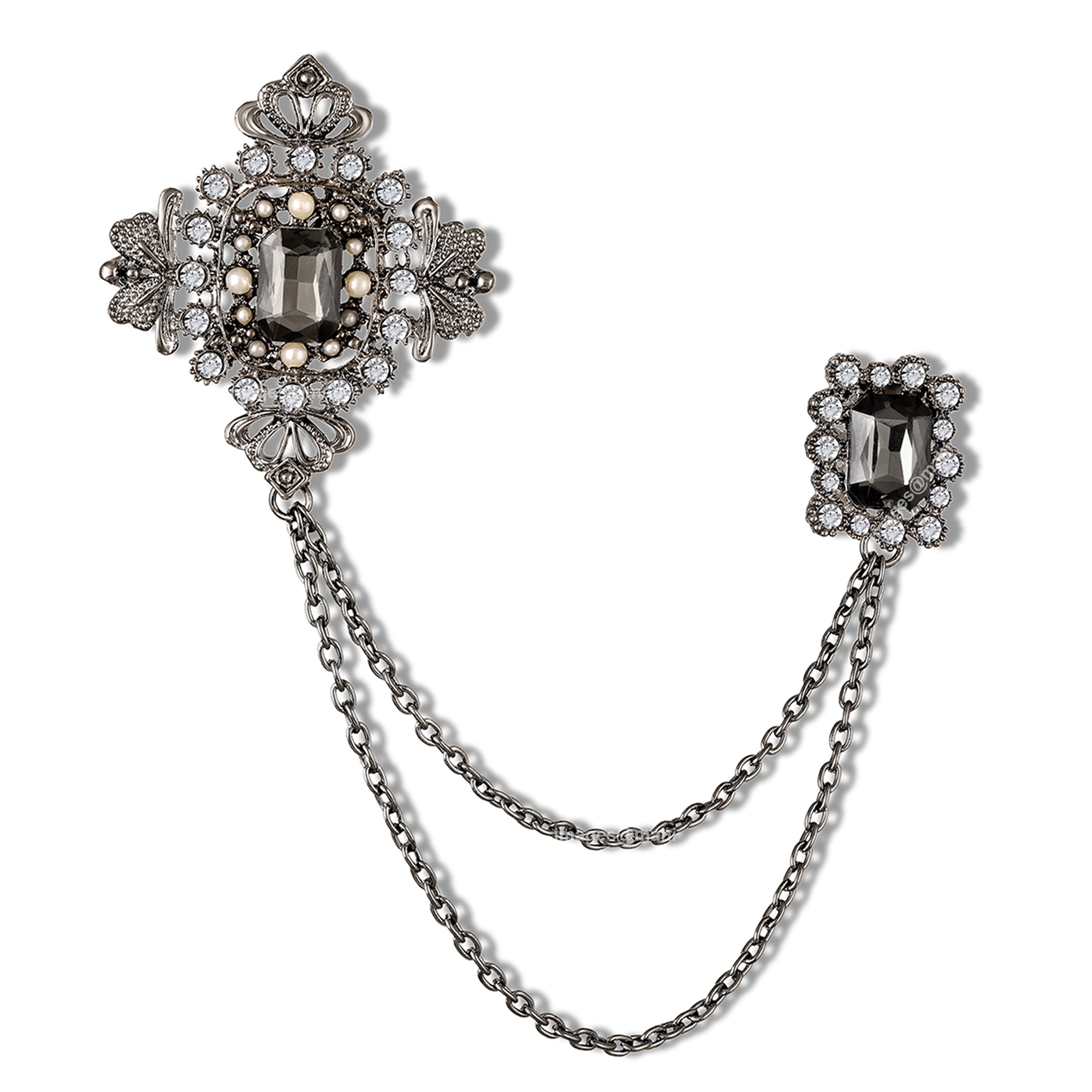 Regal Crown Dual-Pin Chain Lapel Brooch