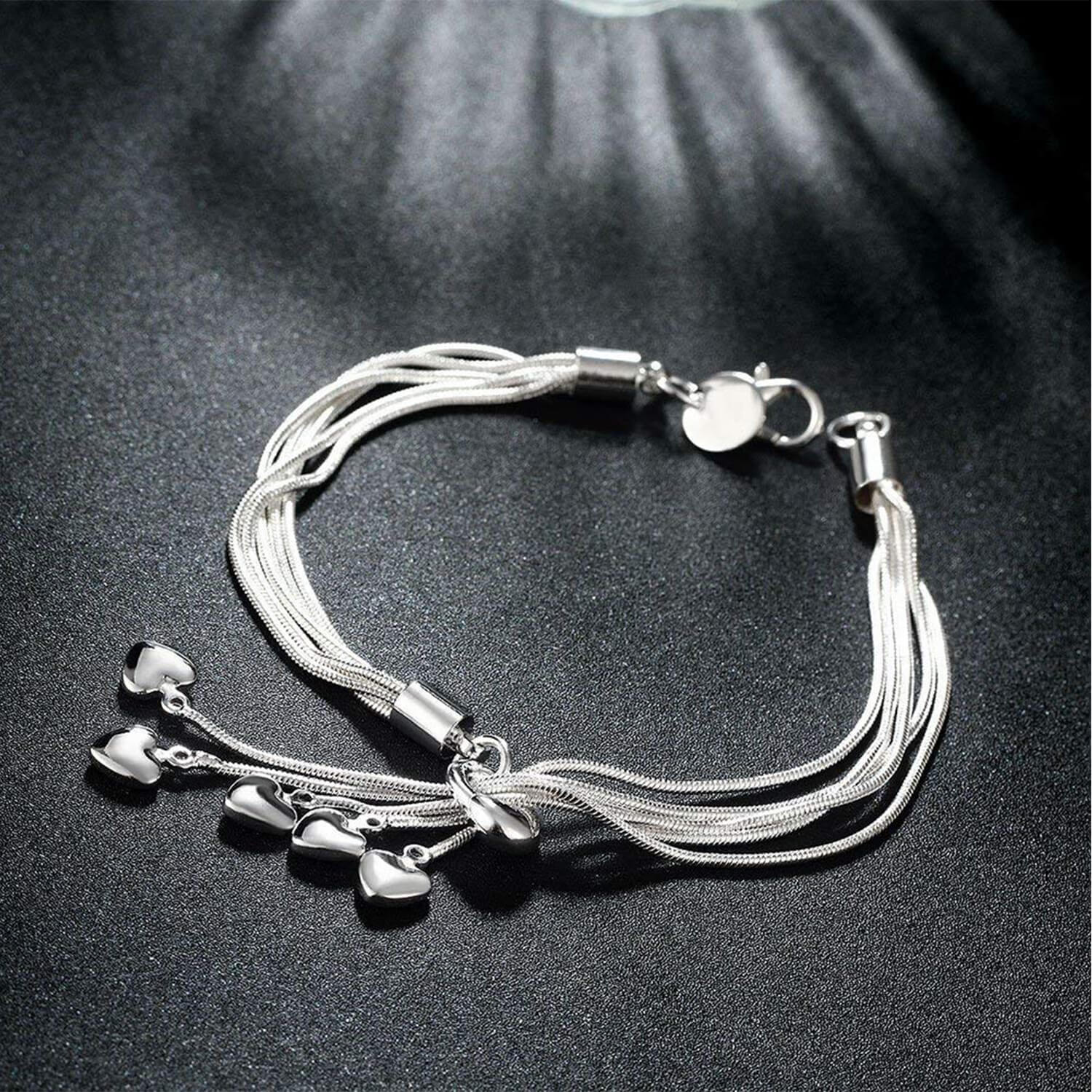 Rhodium Plated Heart Charm Silver Bracelet
