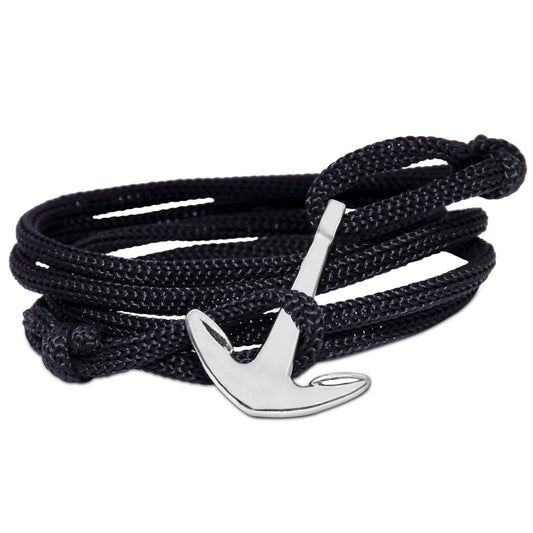 Anchor In Loop Rhodium Plated Adjustable Black Rope Style Unisex Bracelet