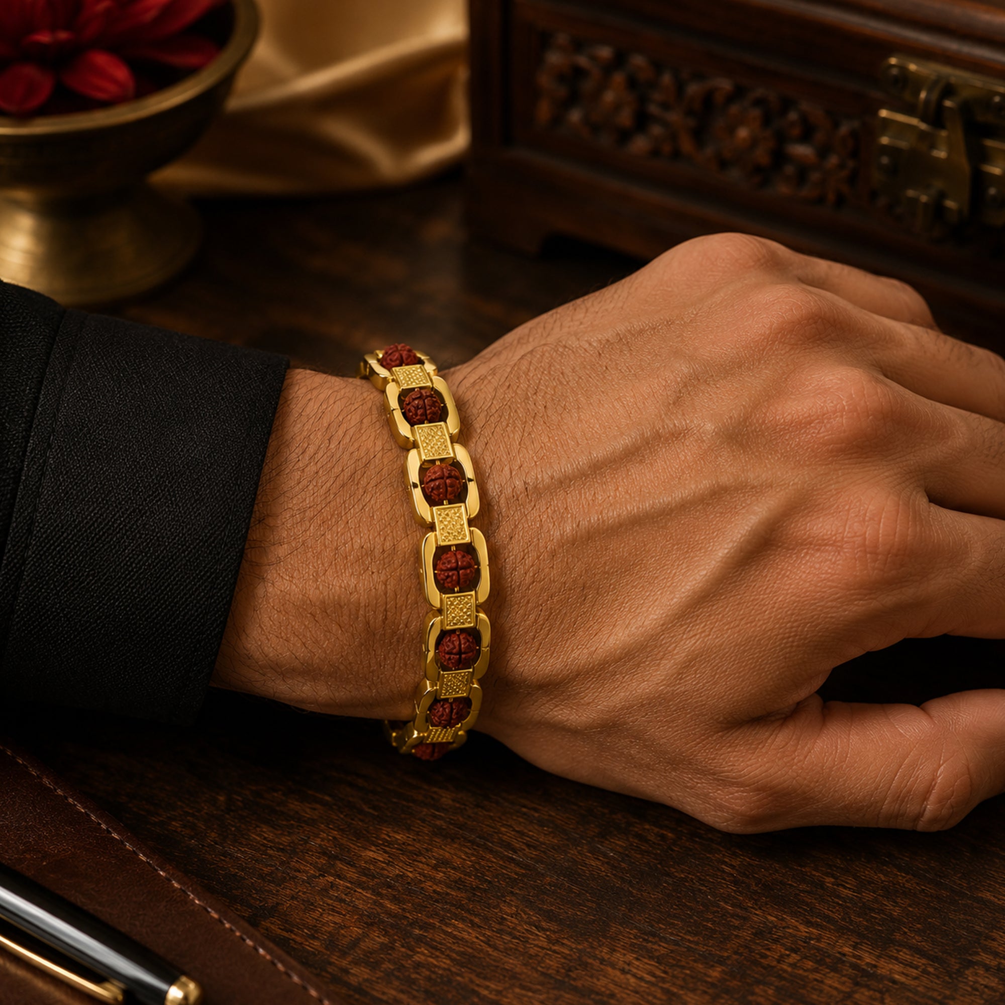 Rudraksha Gold Link Men Bracelet
