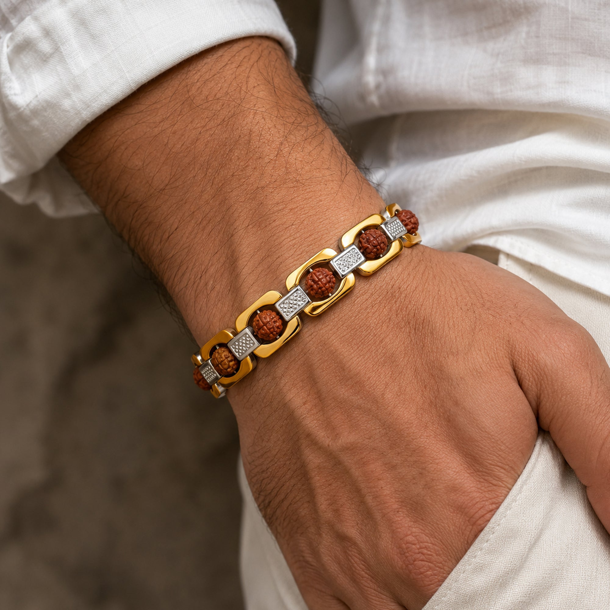 Rudraksha Gold Link Men Bracelet