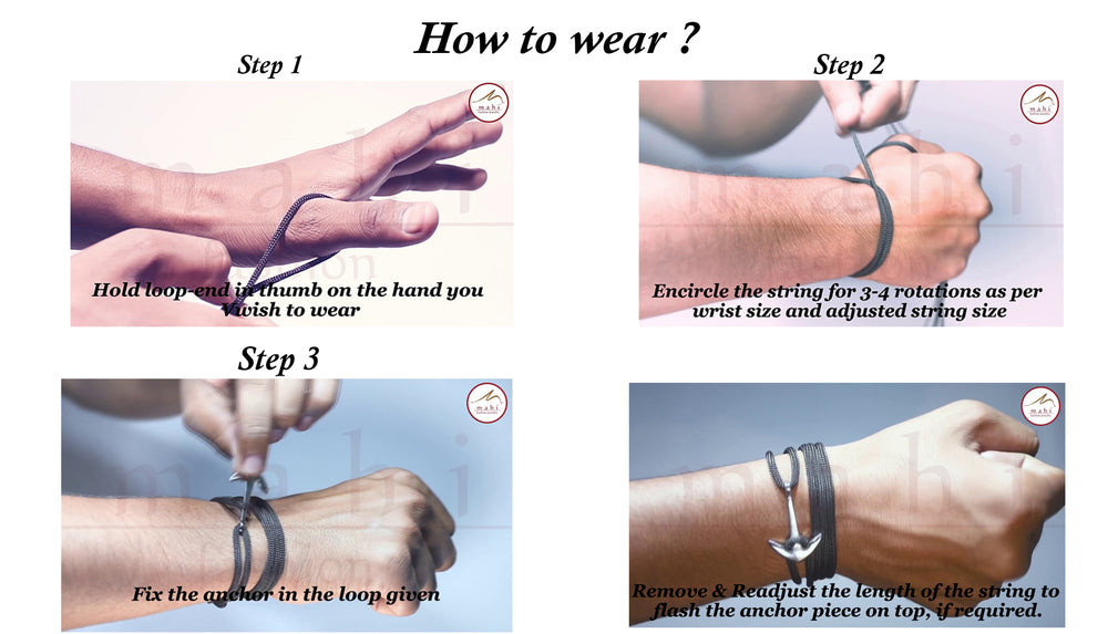 Anchor In Loop Rhodium Plated Adjustable Black Rope Style Unisex Bracelet