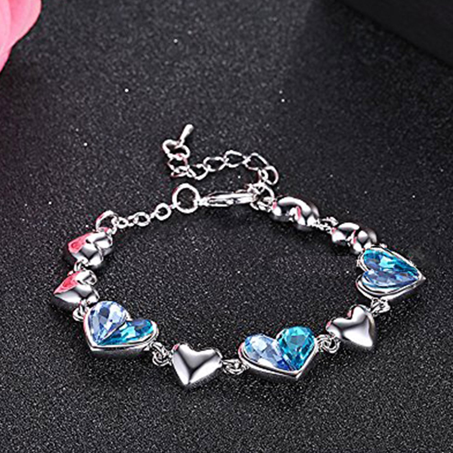 Blue Crystal Dual Heart Love Adjustable Bracelet