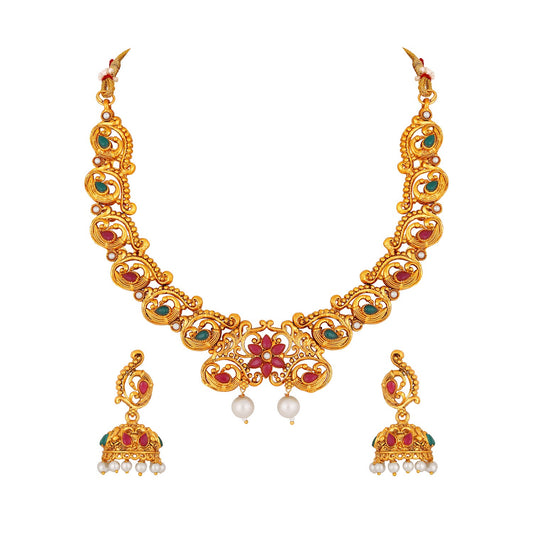 Traditional Multicolour Peacock and Floral Shaped White Kundan Chokar Necklace Set