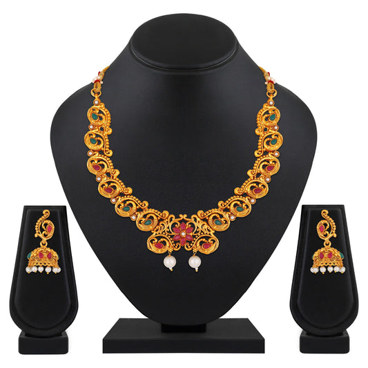 Traditional Multicolour Peacock and Floral Shaped White Kundan Chokar Necklace Set