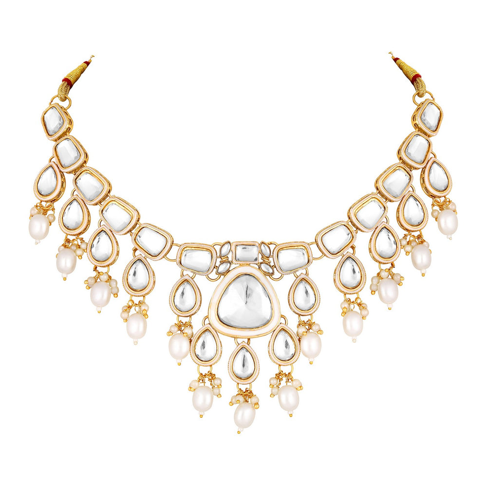 Meenakari Work White Artificial Pearls and Kundan Chokar jewellery Set