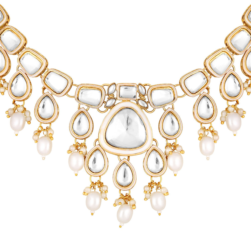 Meenakari Work White Artificial Pearls and Kundan Chokar jewellery Set