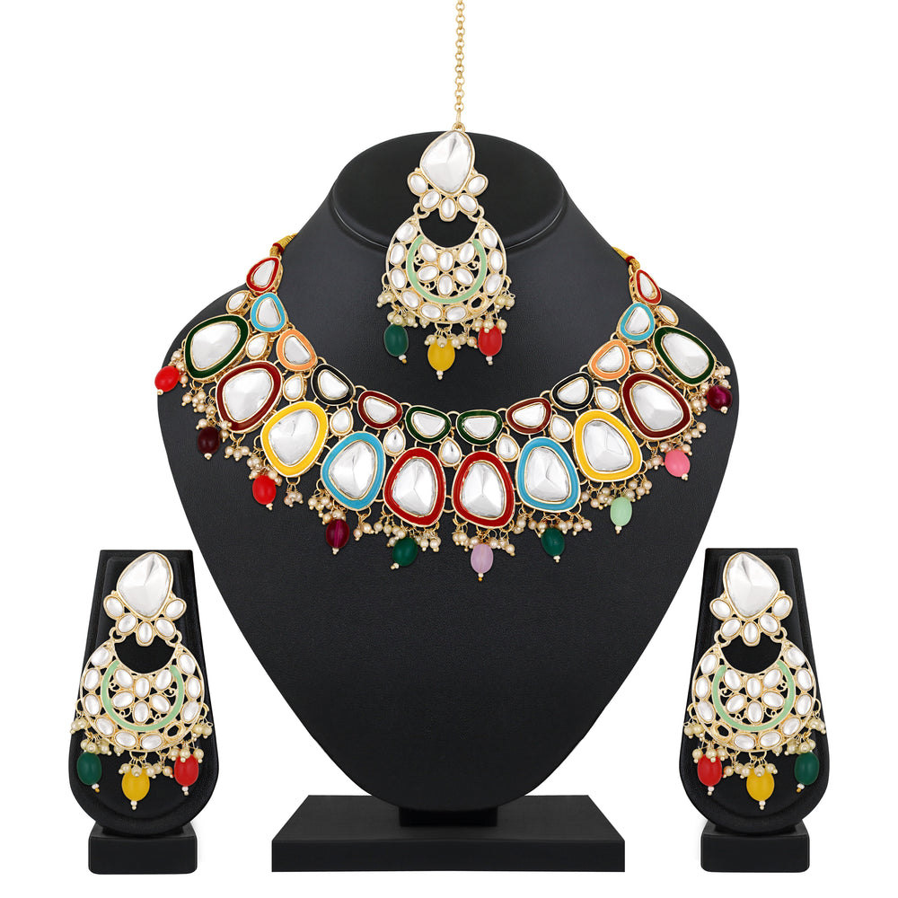 Multicolour Meenakari Work Kundan Chokar Necklace Set