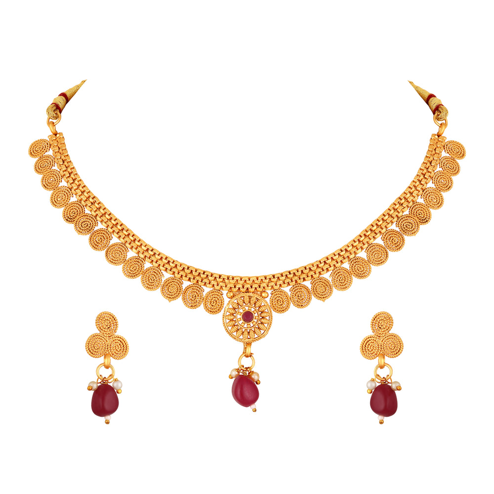 Maroon kundan Floral and cricular shaped Chokar Necklace Set