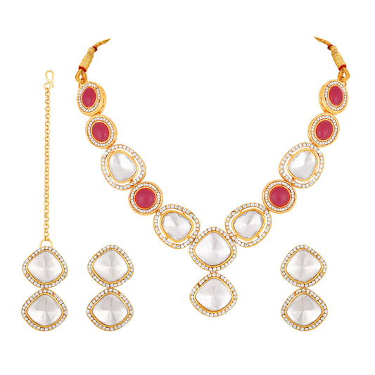 Red and white Kundan Chokar Necklace Set