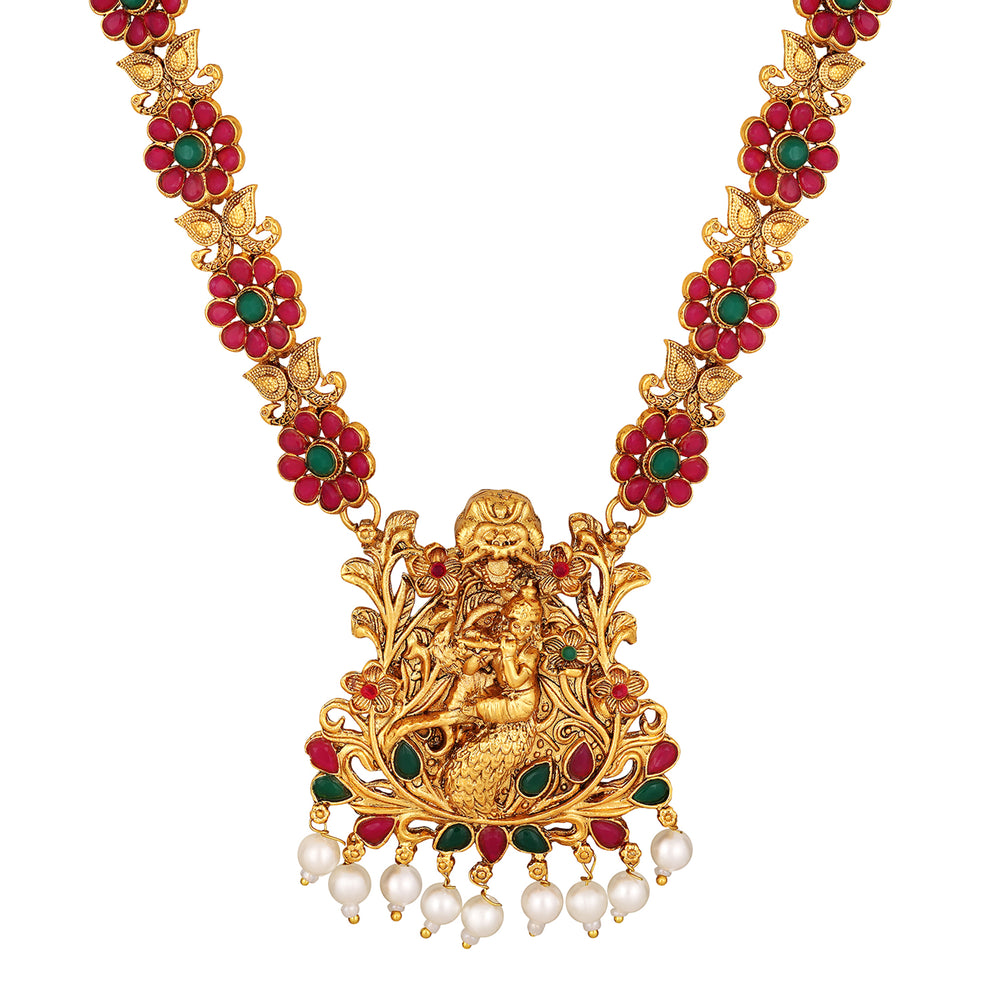 Lord Krishna with Maroon and Green colour Floral Necklace Set
