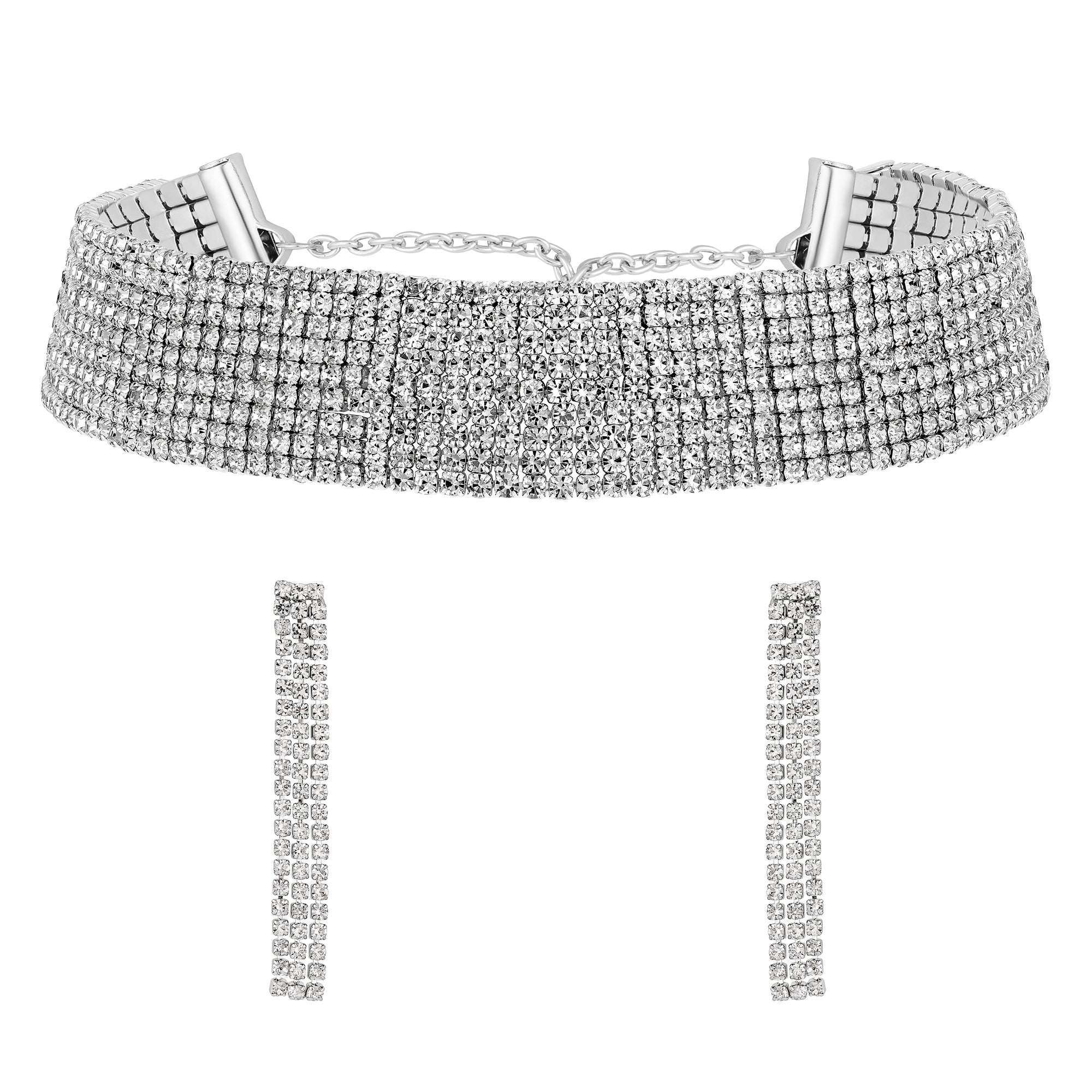 Rhodium Plated Studed Choker Necklace Set