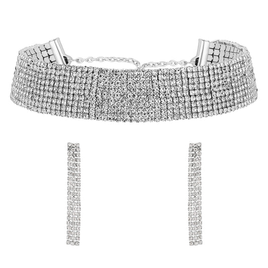Rhodium Plated Studed Choker Necklace Set