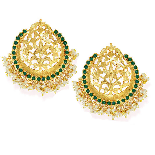 Traditional Green Kundan and Pearl Round Dangle Earring