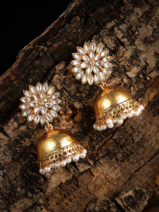 Traditional Floral Kundan and Pearl Drop Jhumki Earring