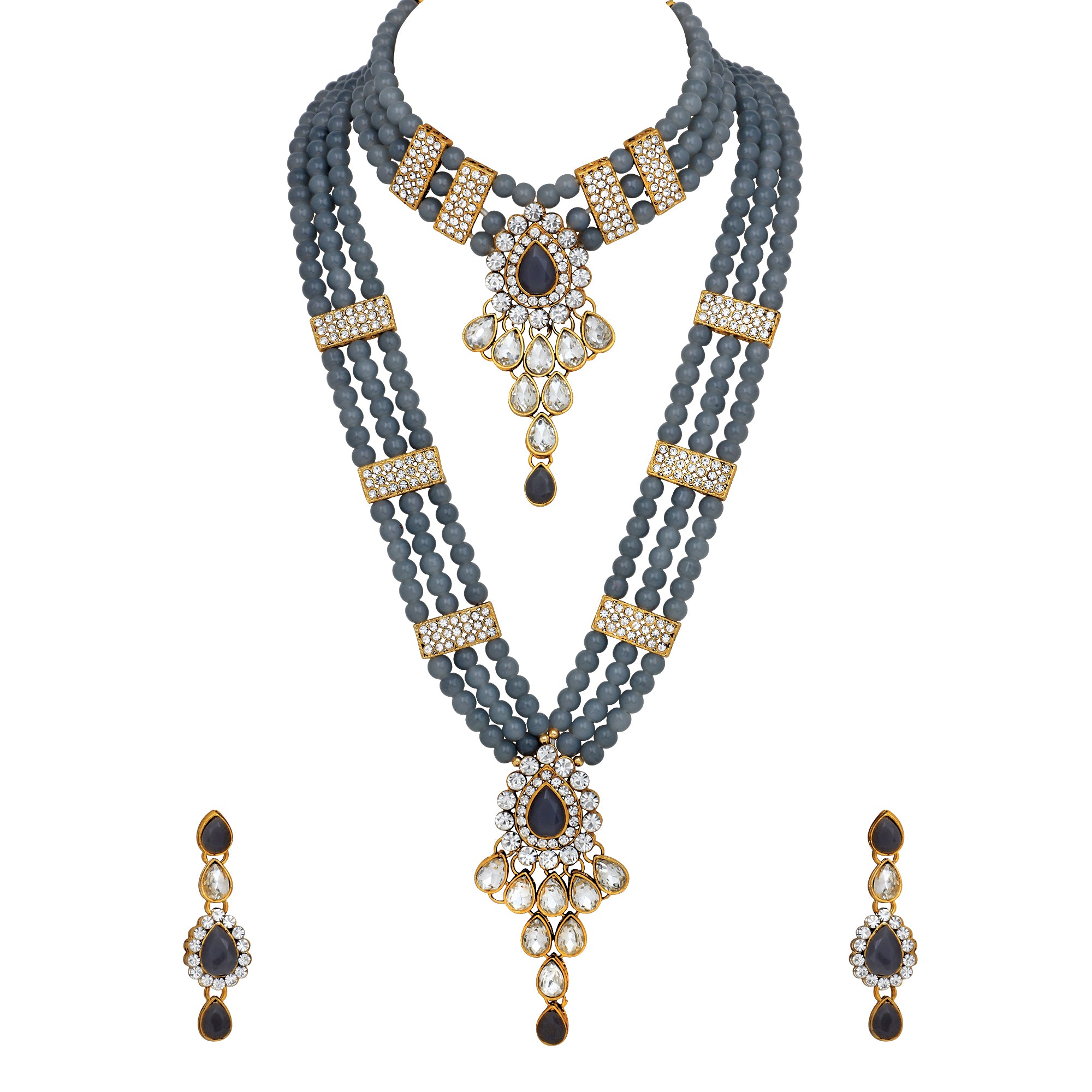 ethnic gold plated grey and white kundan necklace set