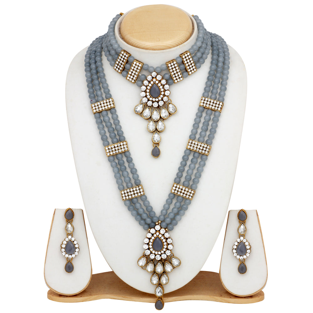 ethnic gold plated grey and white kundan necklace set