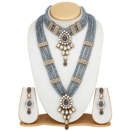ethnic gold plated grey and white kundan necklace set