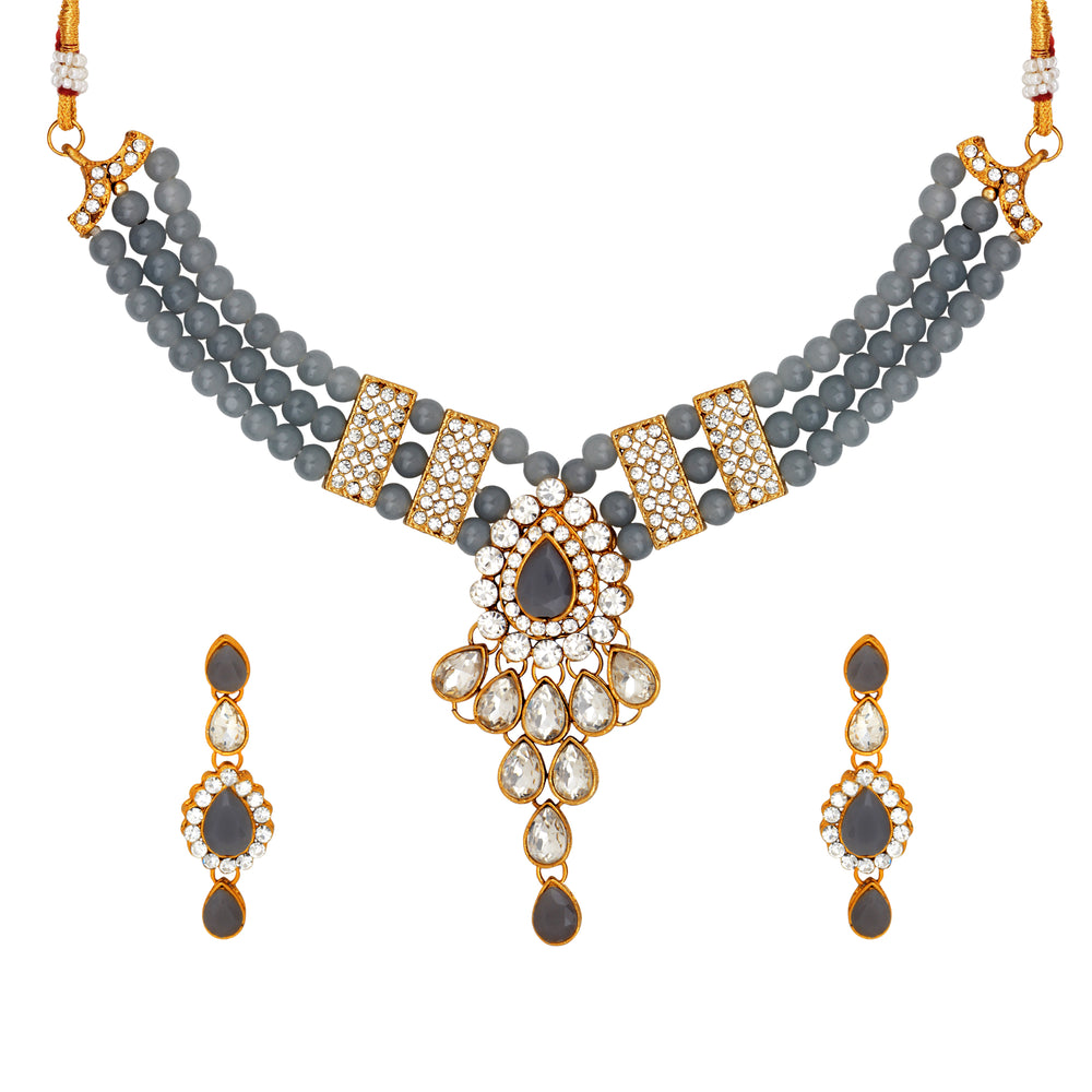 ethnic gold plated grey and white kundan necklace set