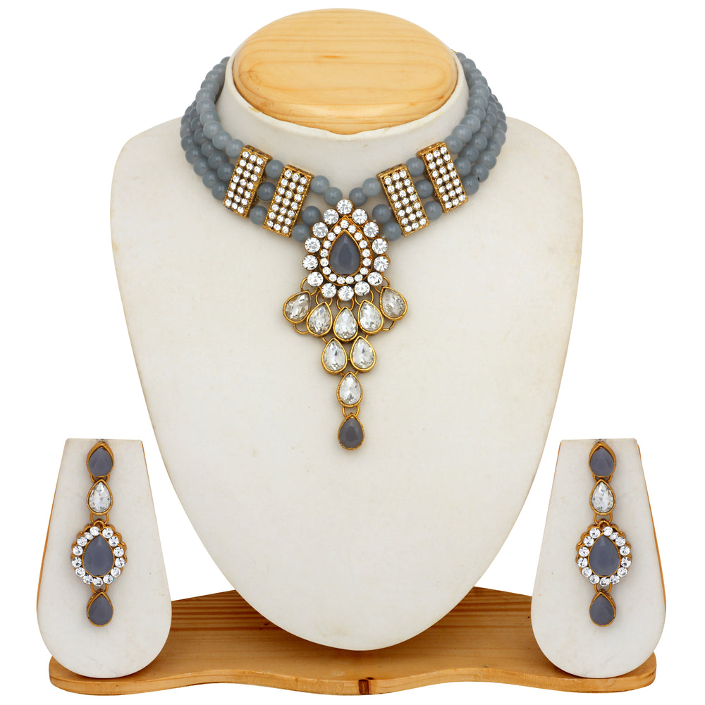 ethnic gold plated grey and white kundan necklace set