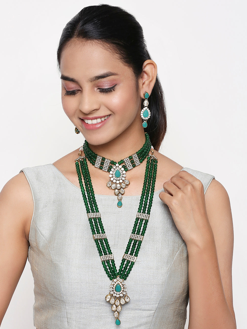 ethnic gold plated grey and white kundan necklace set