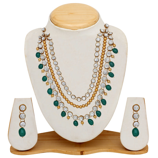 Ethnic Gold Plated Green and White Kundan Necklace set