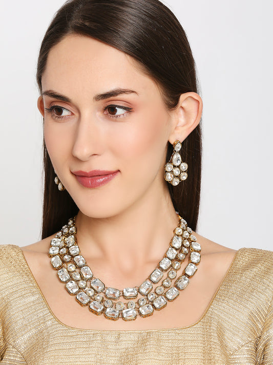 Ethnic Gold Plated White Kundan Big stone Necklace Set