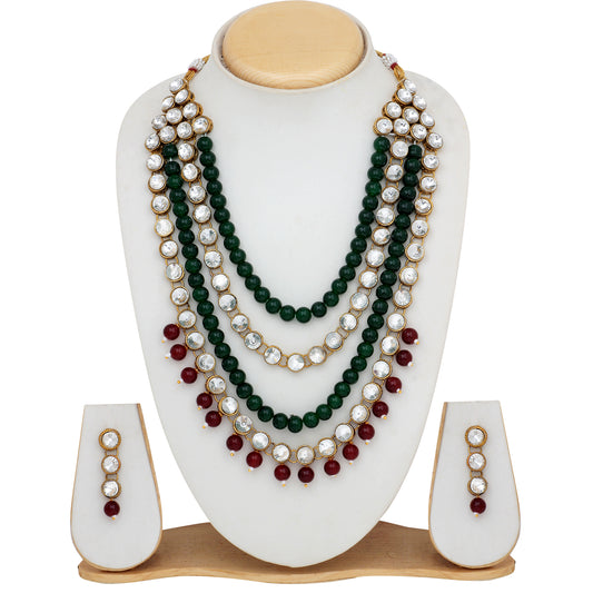 Traditional Gold Plated Maroon and Green Kundan Necklace set