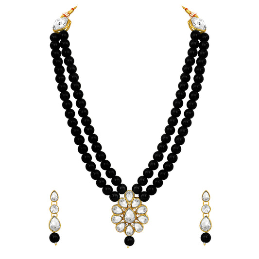 Traditional  Black Beads White Kundan Layered Floral Necklace set