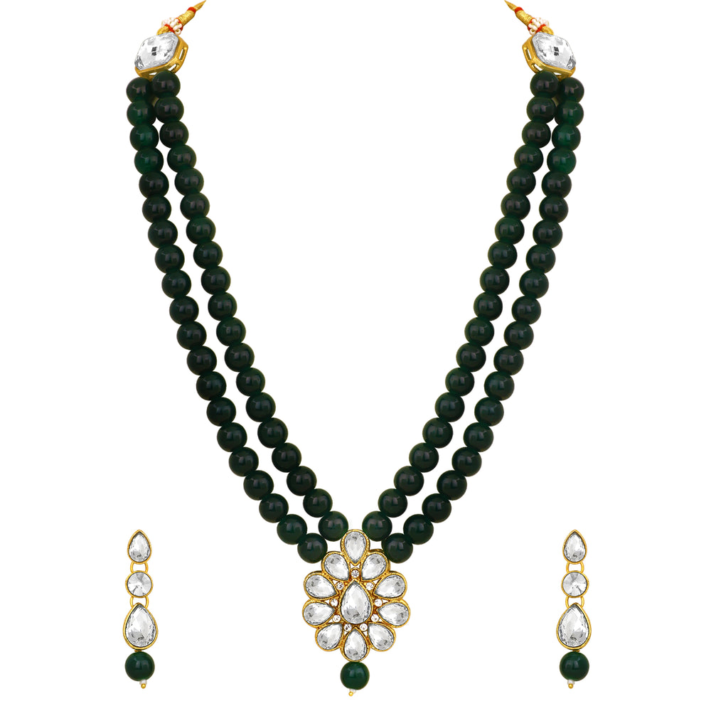 Traditional  Black Beads White Kundan Layered Floral Necklace set