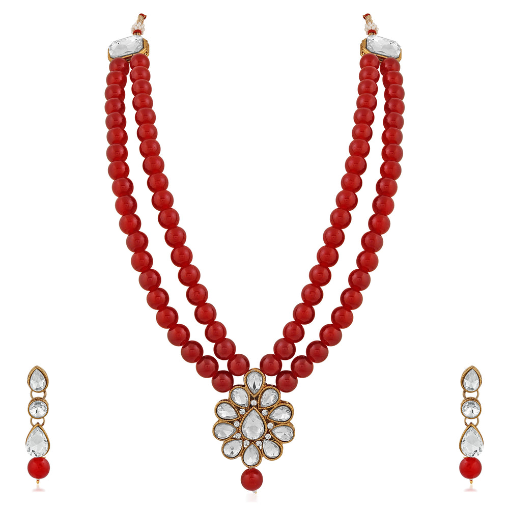 Traditional Gold Plated Red Beads with White Kundan Necklace set