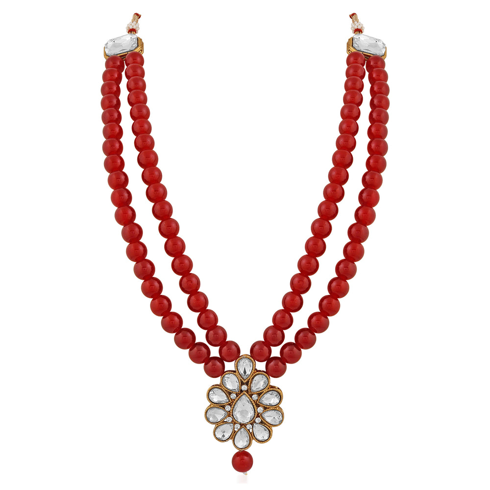 Traditional Gold Plated Red Beads with White Kundan Necklace set