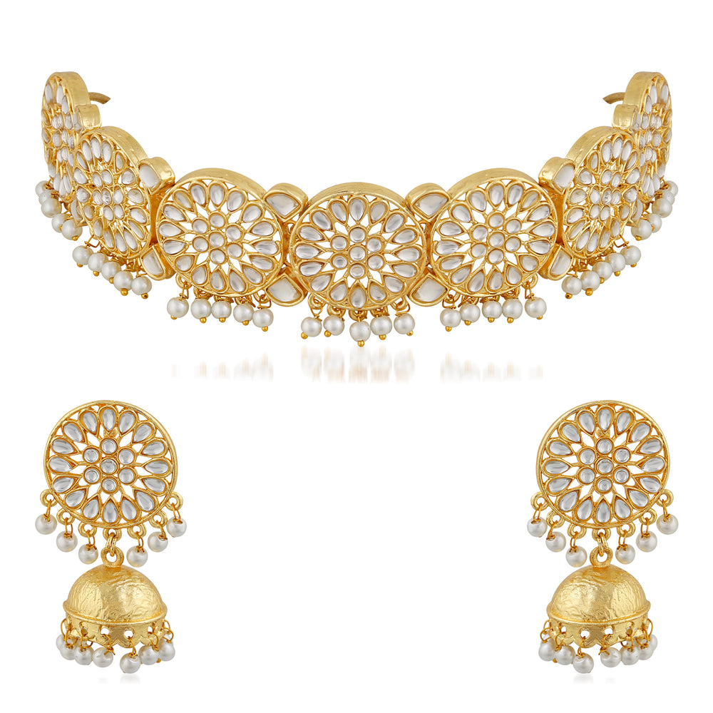 Traditional Gold Plated White Kundan Round shape Chokar Set