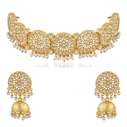Traditional Gold Plated White Kundan Round shape Chokar Set