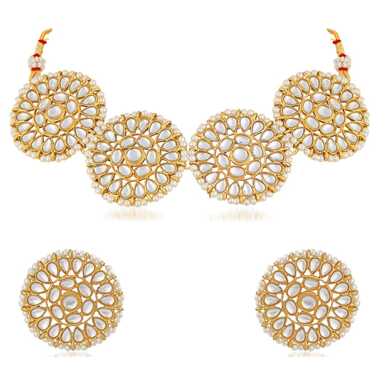 Ethnic Gold Plated White Kundan Round shape Chokar Set