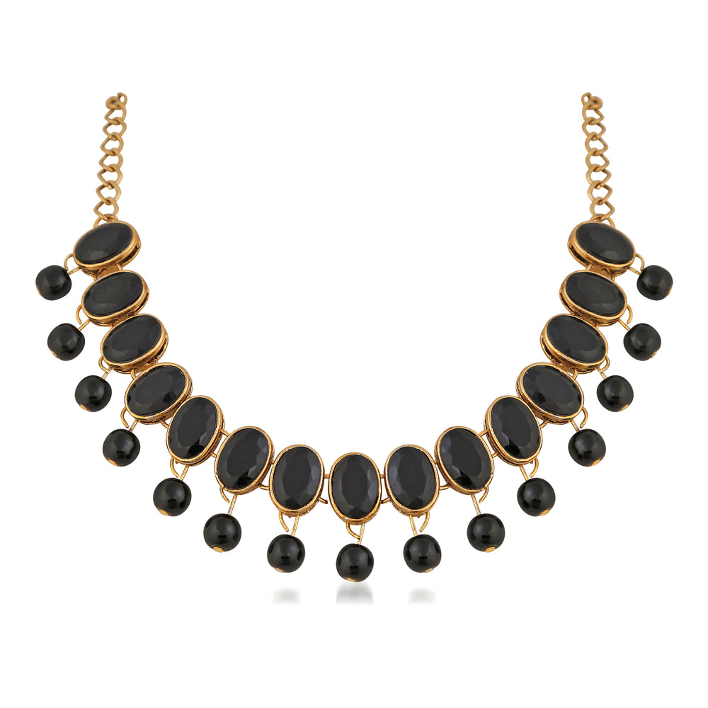 Ethnic Gold Plated Oval Shape Black Kundan Necklace set with Maang Tika and Bracelet