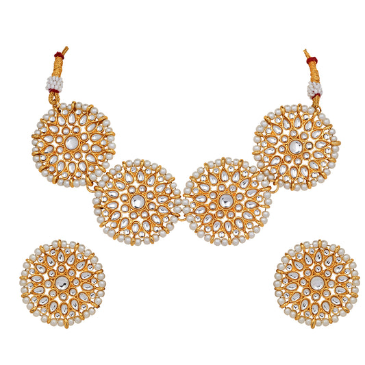 Ethnic Gold Plated White Kundan Round shape Chokar Necklace Set