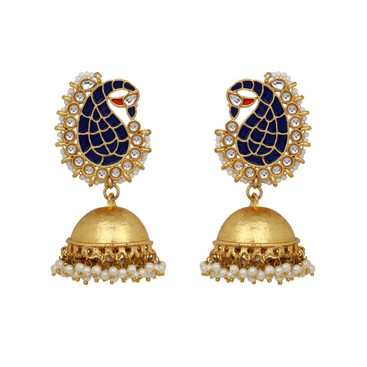 Traditional Gold Plated Peacock meenakari blue and white kundan Jhumki Earring