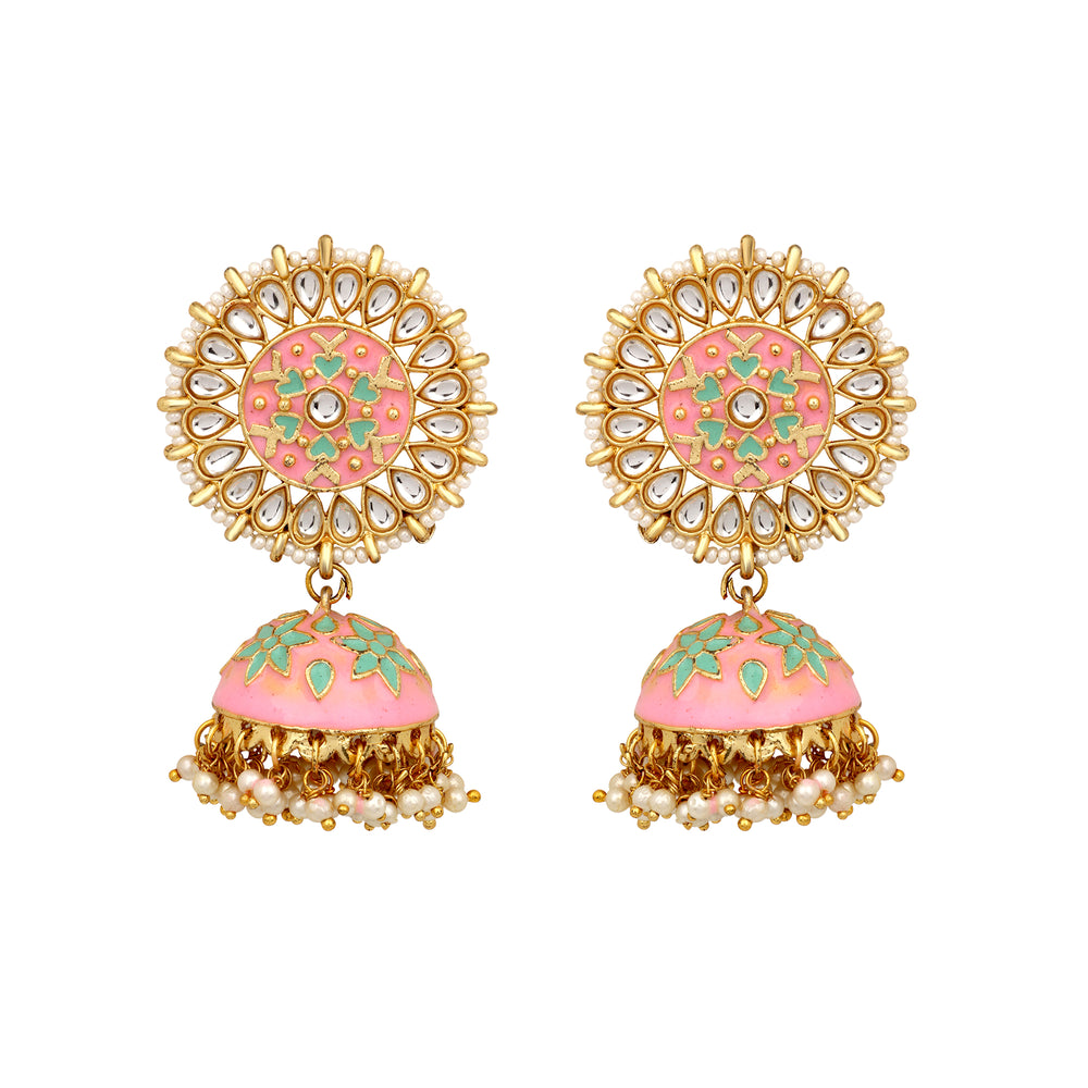 Ethinic Gold Plated Pink and Firozi meenakari kundan Jhumki Earring