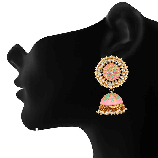 Ethinic Gold Plated Pink and Firozi meenakari kundan Jhumki Earring