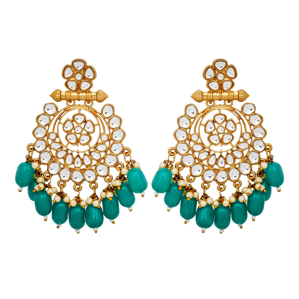 Traditional Gold Plated Green Beads and White Kundan Chandbali Earring