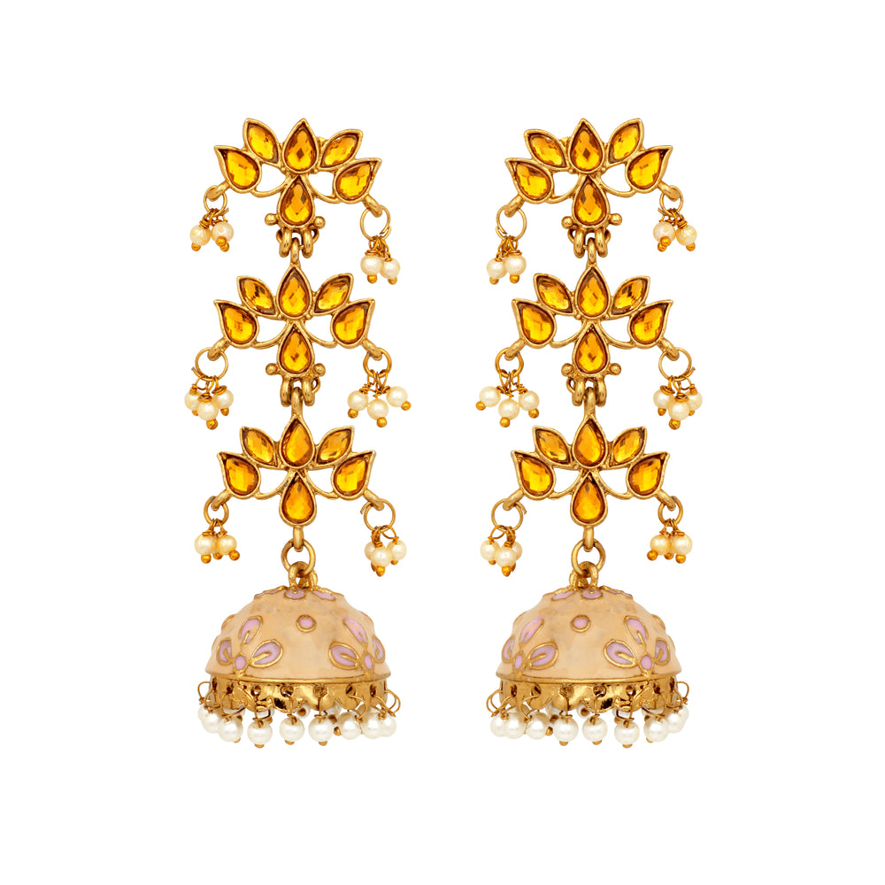 Traditional Gold Plated Light Pink Meenakari White Kundan Jhumki Earring