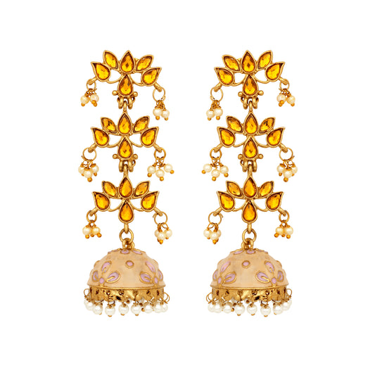 Traditional Gold Plated Light Pink Meenakari White Kundan Jhumki Earring