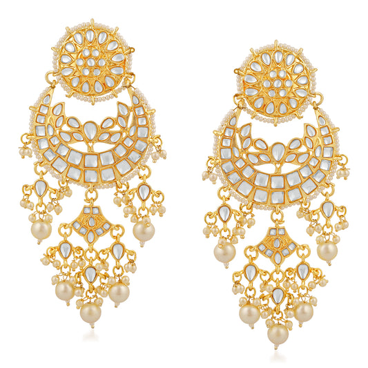 Traditional White Kundan Chandbali Long Dangler Earring