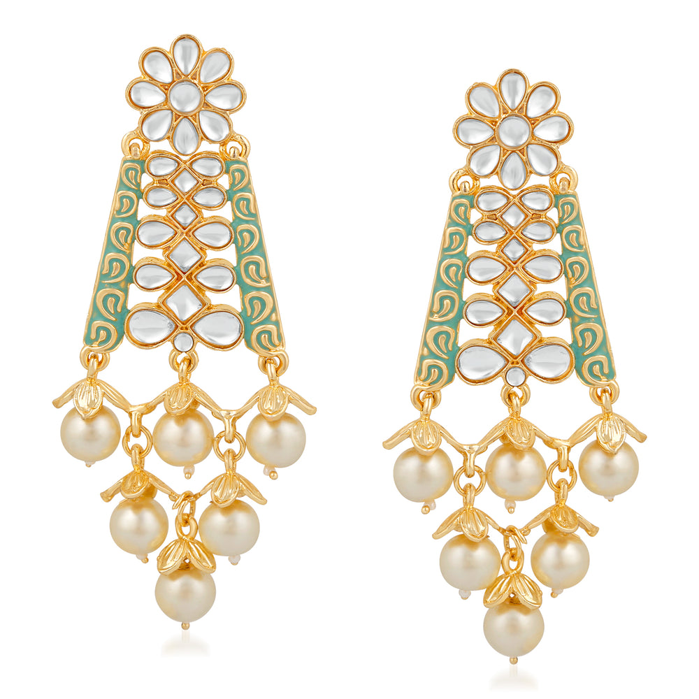 Ethnic White Kundan Floral Triangular Green Meenakari Work Dangler Earring