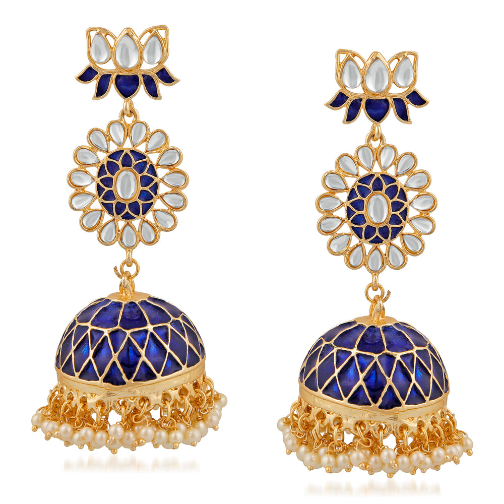 Ethnic White Kundan Lotus Flower Shaped Green Meenakari Work Dangler Jhumki Earring