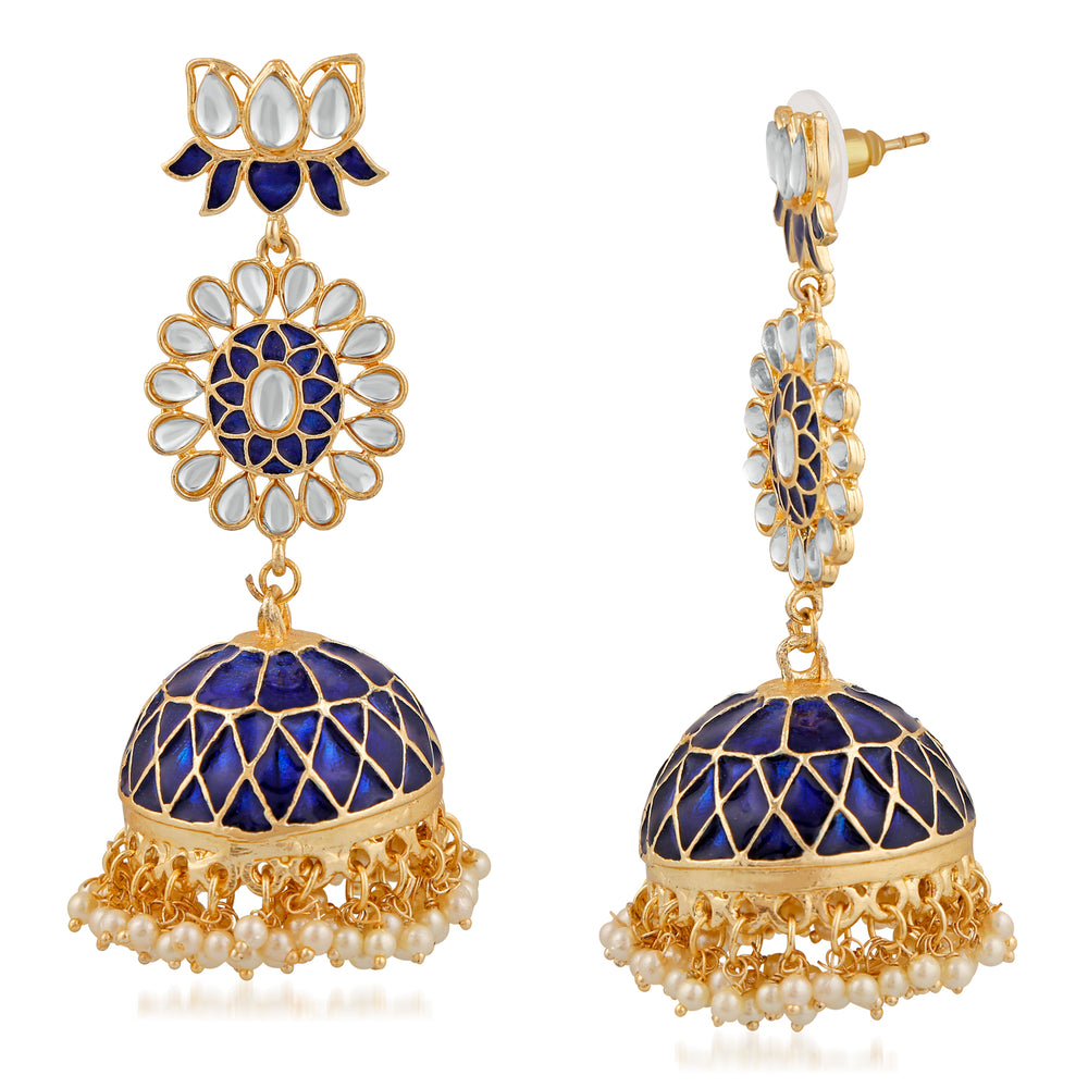 Ethnic White Kundan Lotus Flower Shaped Green Meenakari Work Dangler Jhumki Earring