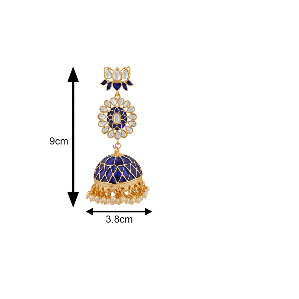 Ethnic White Kundan Lotus Flower Shaped Green Meenakari Work Dangler Jhumki Earring