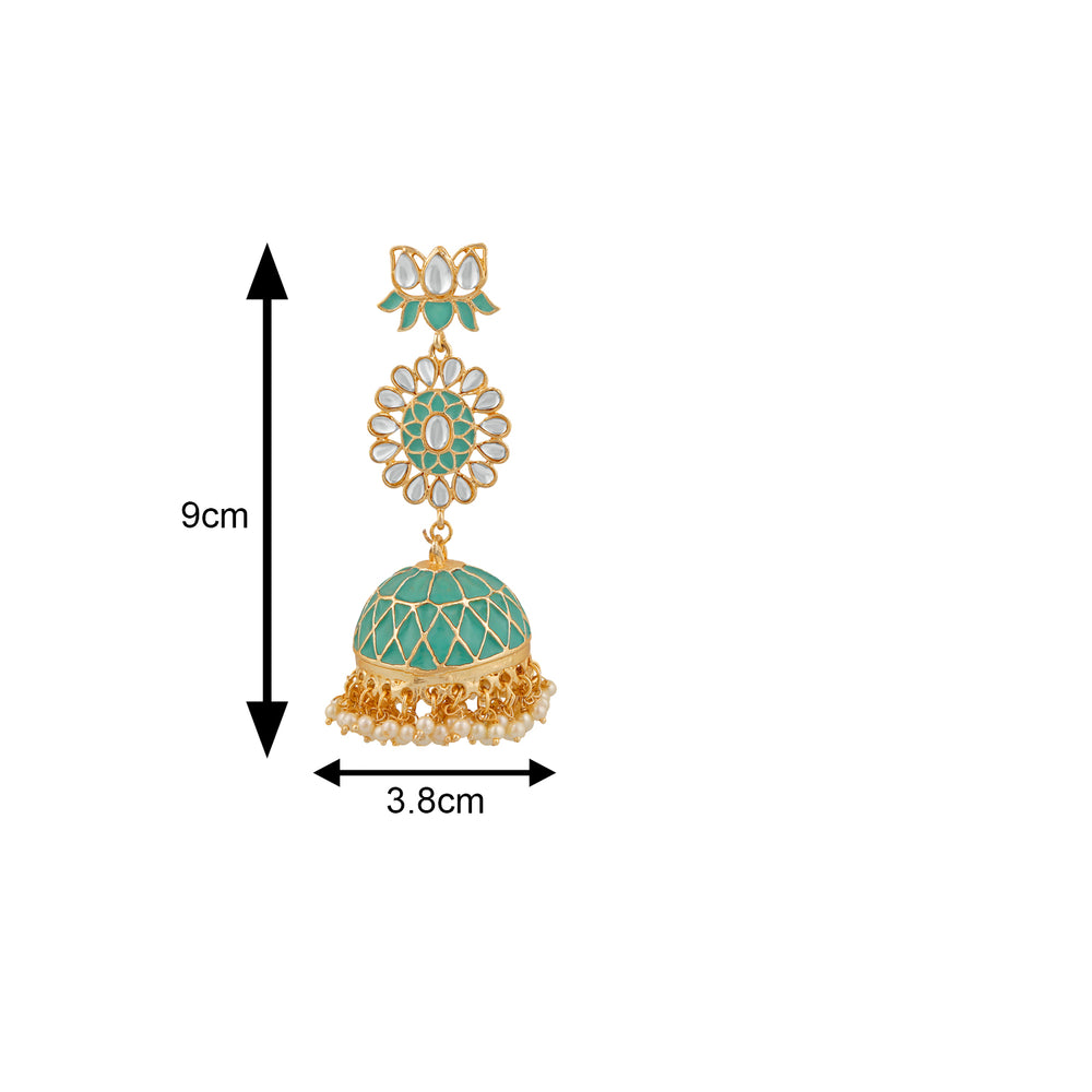 Ethnic White Kundan Lotus Flower Shaped Green Meenakari Work Dangler Jhumki Earring